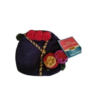 Coin Purse Stitch Work Floral Cracker Barrel Purple Red Gold BoHo Hippie Chic